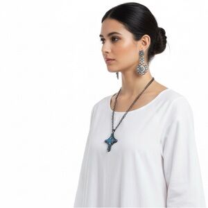 Blue Rhinestone Cross Necklace Gunmetal Chain Statement